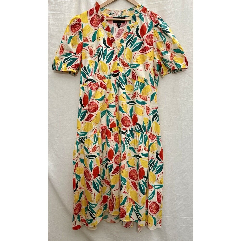 EUC Donna Morgan Citrus Print Midi Dress 16 Lemon Fruit Tiered Cottagecore
